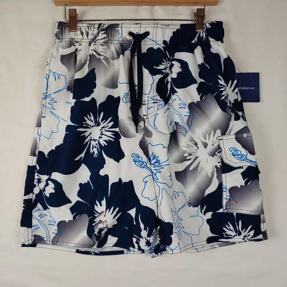 NWT Croft & Barrow Swim Trunks Mens Small White Blue Floral Brief Lined‎ Shorts